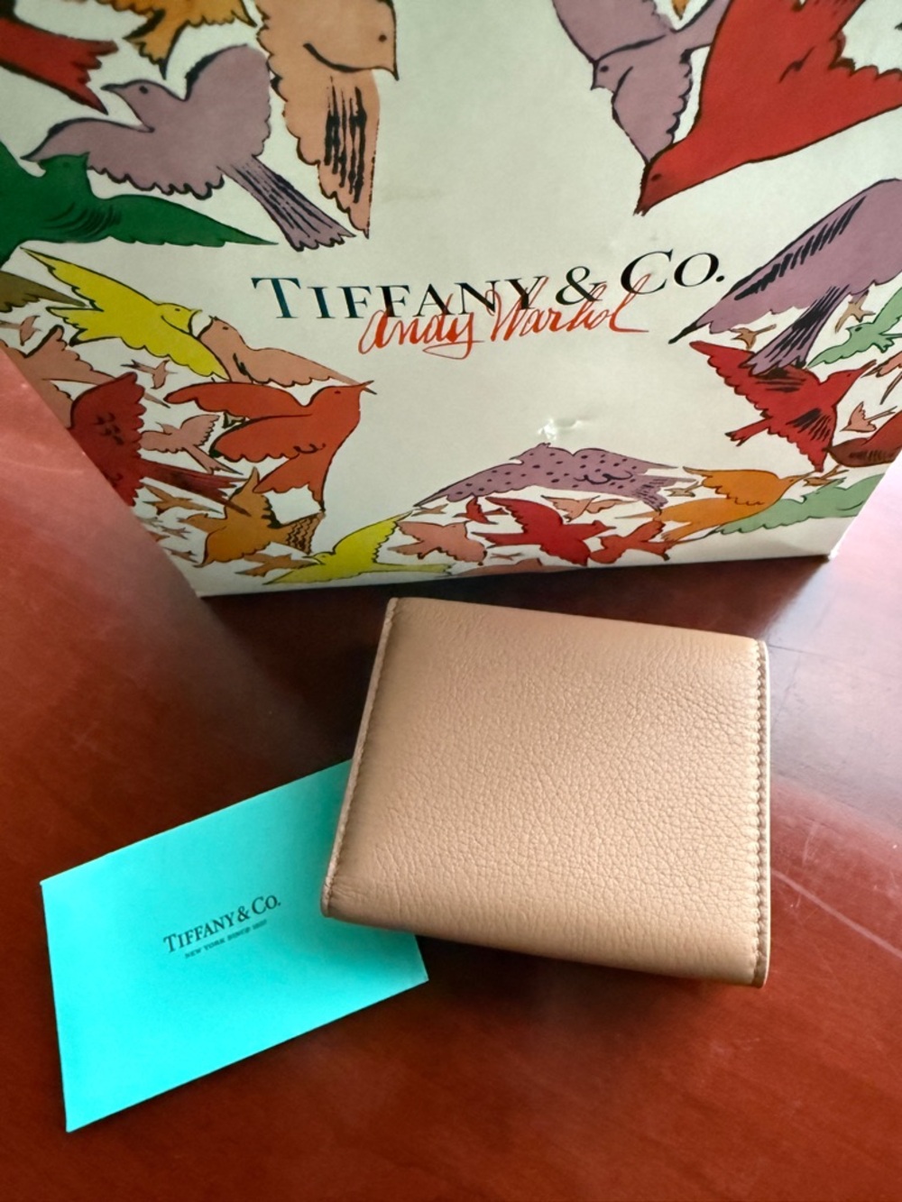 Tiffany & Co. Beige Taupe Leather Compact Wallet with Gold Logo - Picture 2 of 16